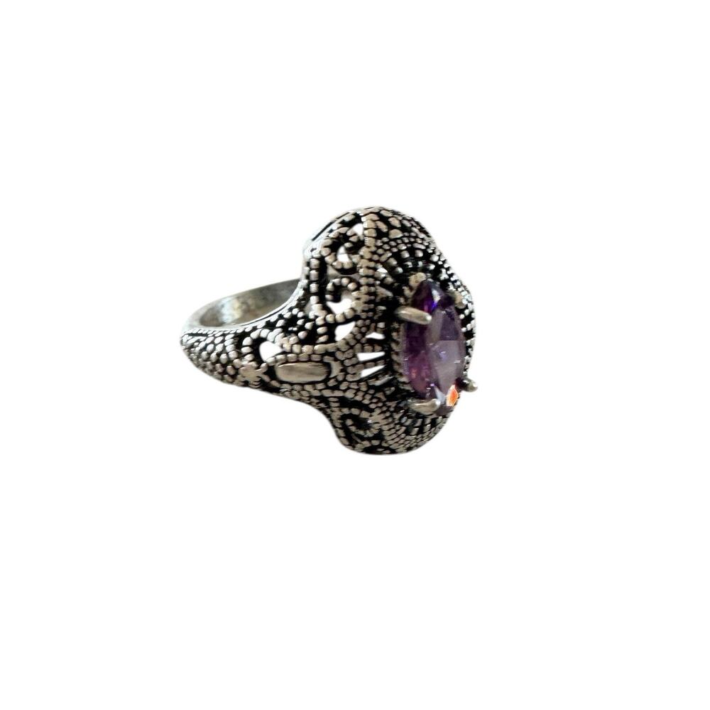 Silver 925 Amethyst Antique Eye Shaped Ring Size 8.5 - Picture 5 of 6